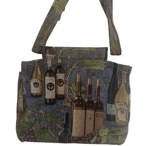 Wine Themed Tapestry Handbag Shoulder Strap 2 Outside Pockets 5 inside Pockets